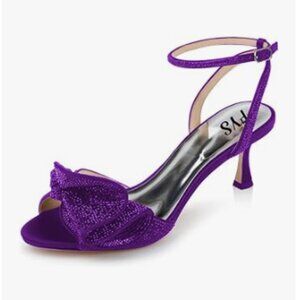 FYS Purple Cute Rhinestones Bow Peep Toe Mid Heel Ankle Strap Dress Sandal